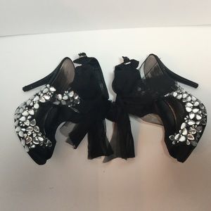 Black embellished  Lace Ankle Open Toe stiletto,